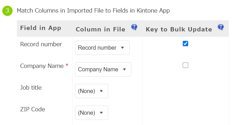 Screenshot: Matching the columns in an imported file to fields in an app