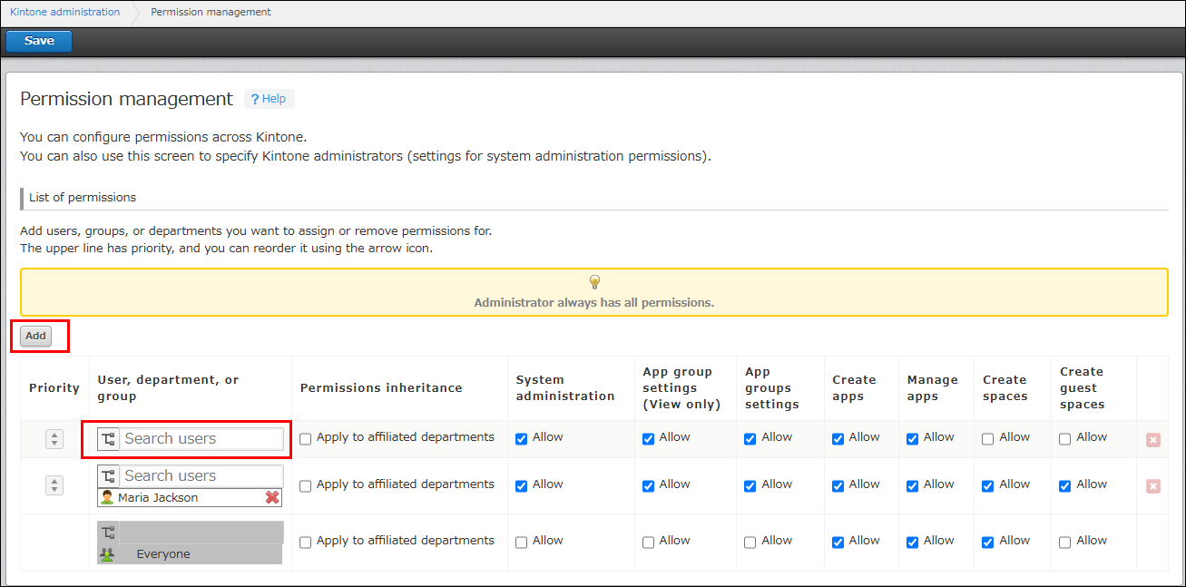 Screenshot: The "Add" button and the user selection component are highlighted on the "Permission management" screen