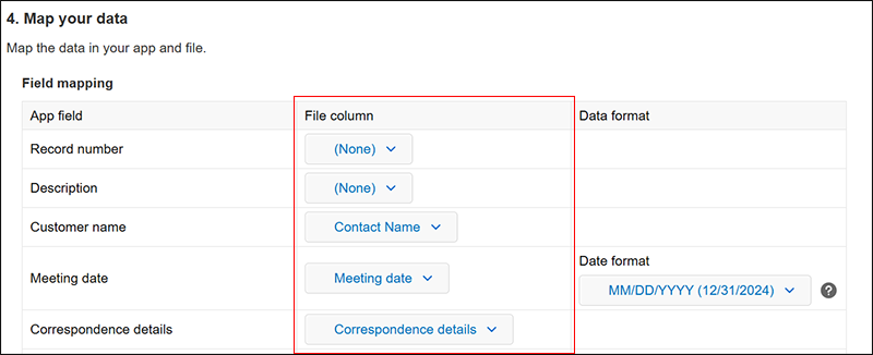 Screenshot: Specifying file columns to import