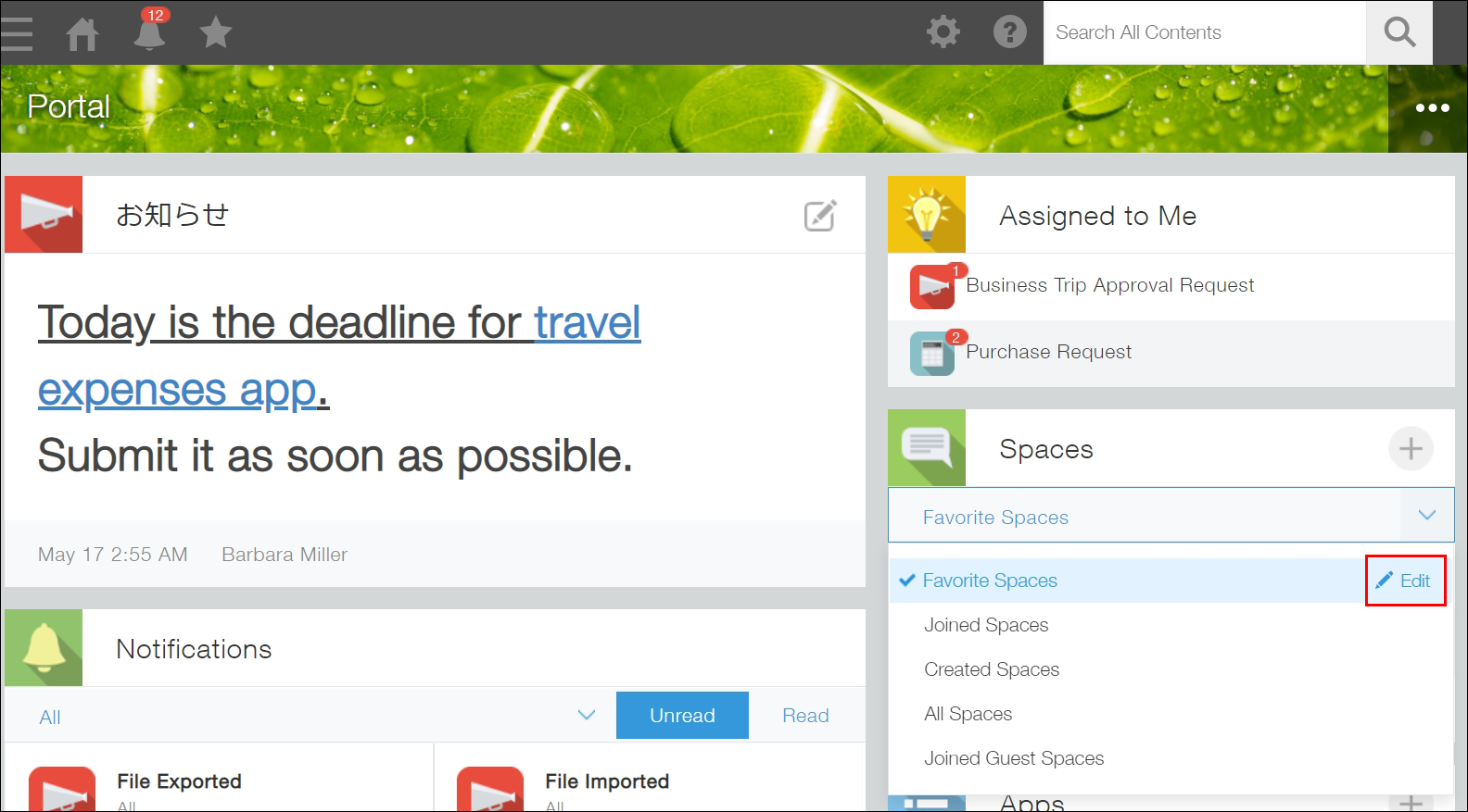 Screenshot: "Edit" to the right of "Favorite spaces" is highlighted