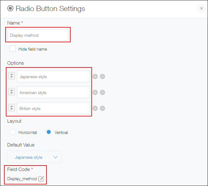 Screenshot: The "Name" and "Options" sections in the settings of a "Radio button" field are highlighted