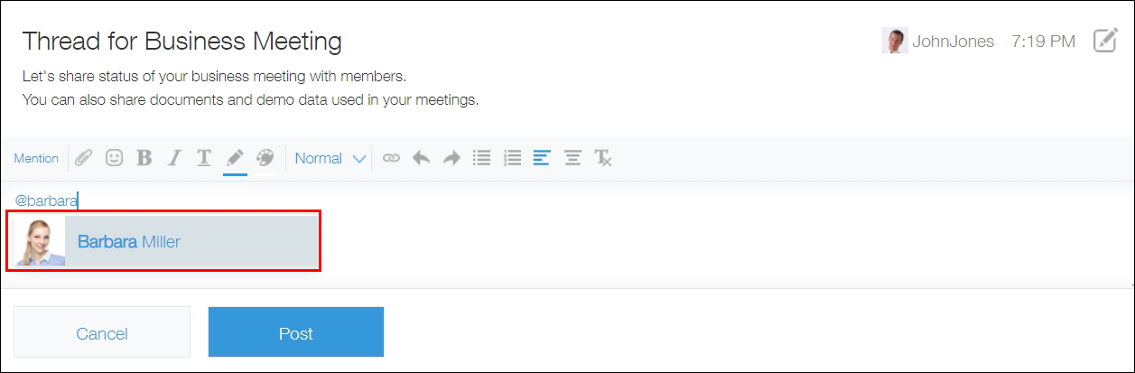 Screenshot: A user to mention is being selected from the displayed suggestions