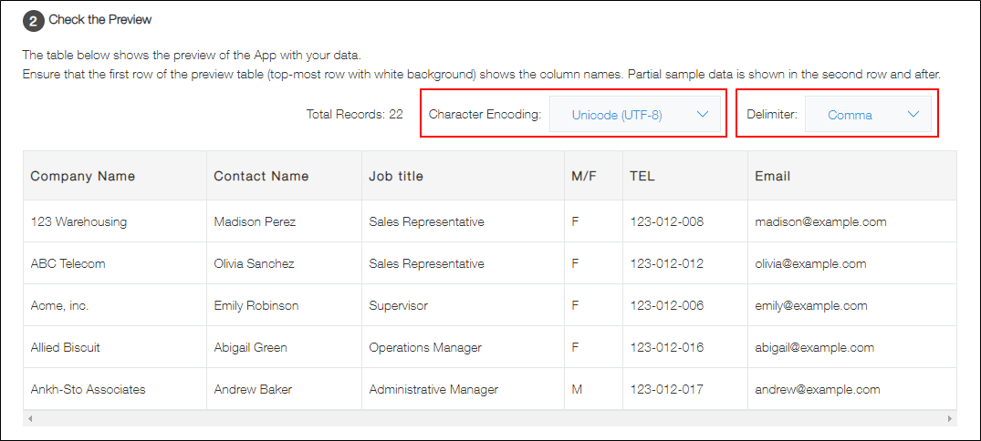 Screenshot: The drop-down menus for selecting "Character encoding" and "Delimiter" are displayed
