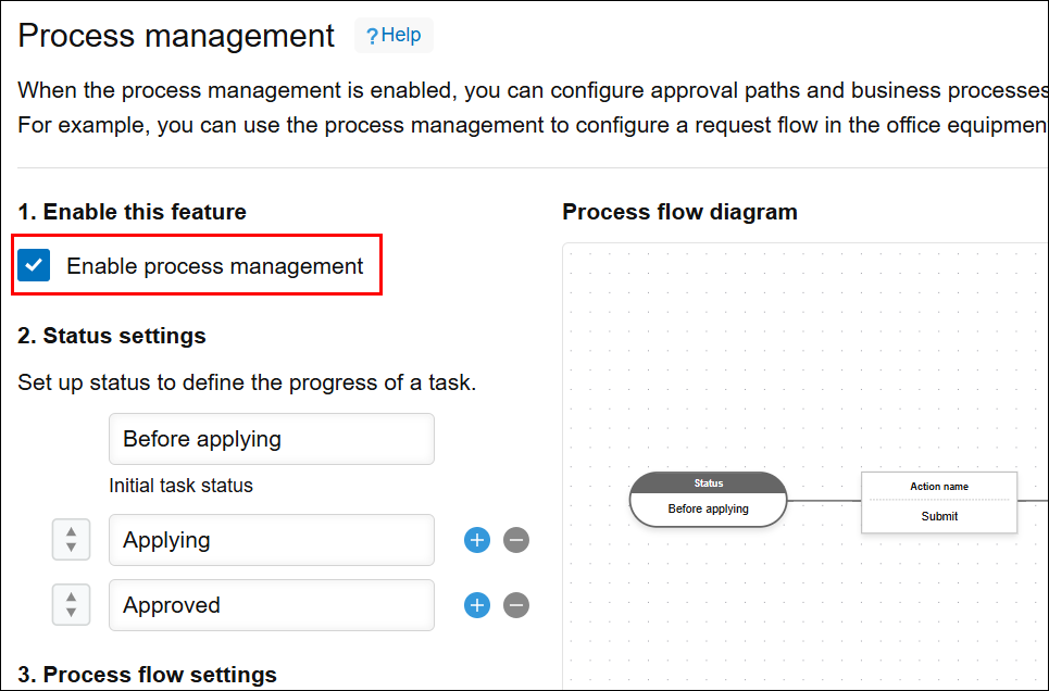 Screenshot: The checkbox for enabling process management is highlighted
