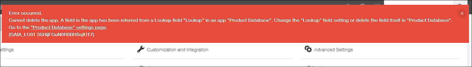 Screenshot: An error message about not being able to delete an app is displayed