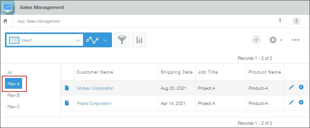 Screenshot: The category to be deleted is selected on the view screen