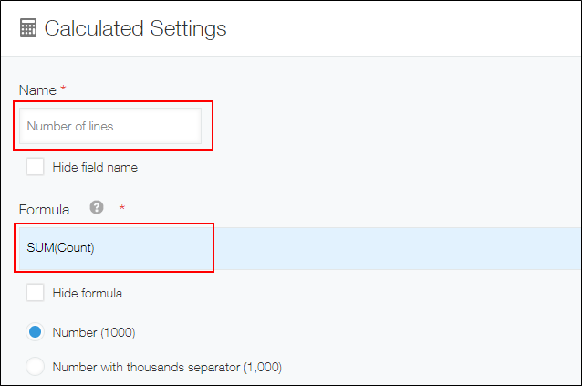 Screenshot: The "Name" and "Formula" fields are highlighted on the "Calculated settings" screen