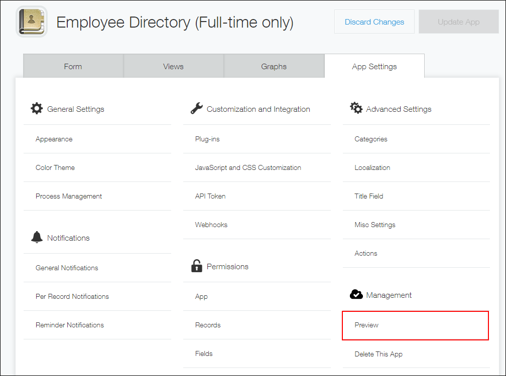 Screenshot: "Preview" on the "App settings" tab