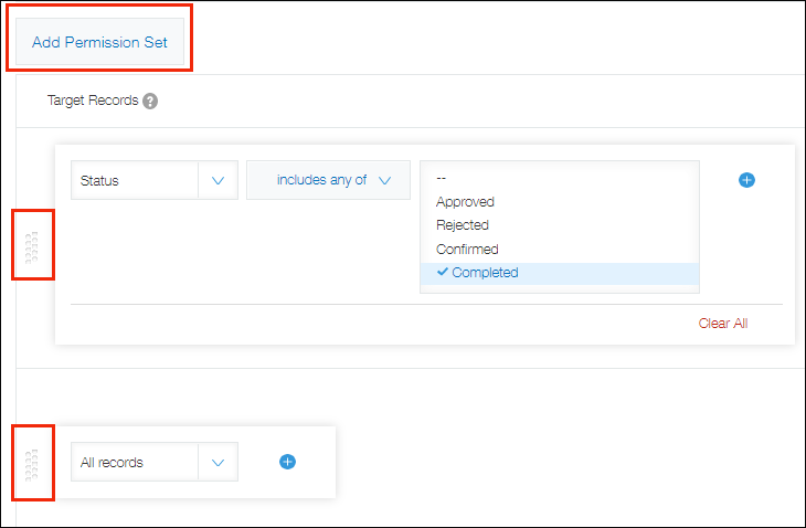 Screenshot: The "Add permission set" button and the "Reorder" icon are highlighted