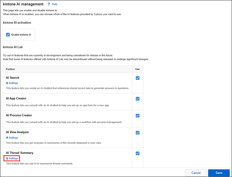 Screenshot: The "Settings" link is highlighted under the "AI Thread Summary" feature name