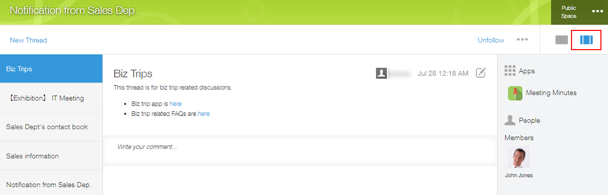 Screenshot: On a thread screen, the "Apps," "People," and "Related apps & spaces" sections on the right side, the thread list on the left side, and the "Hide side panes" icon at the top right are highlighted