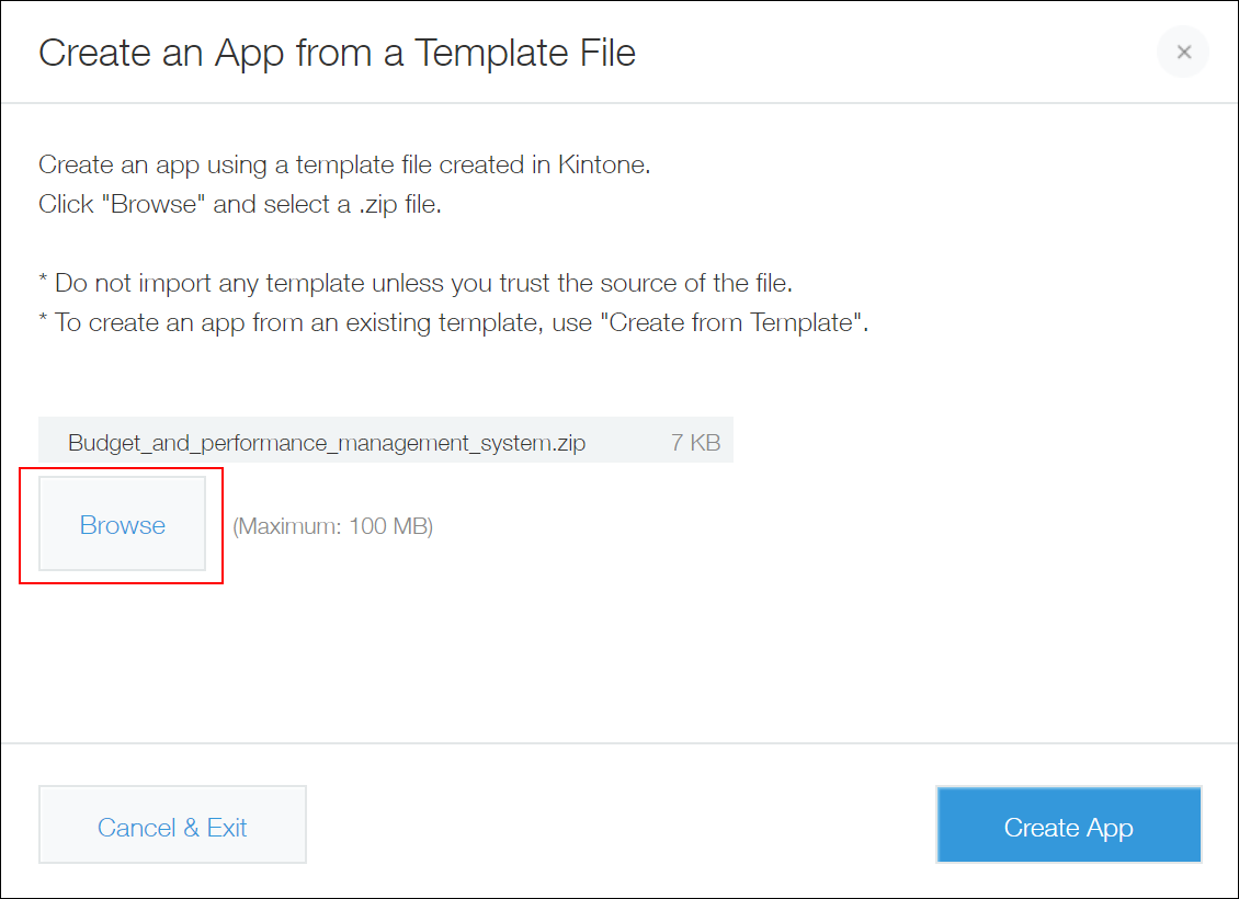 Screenshot: The "Browse" button on the "Create apps from template file" screen is highlighted