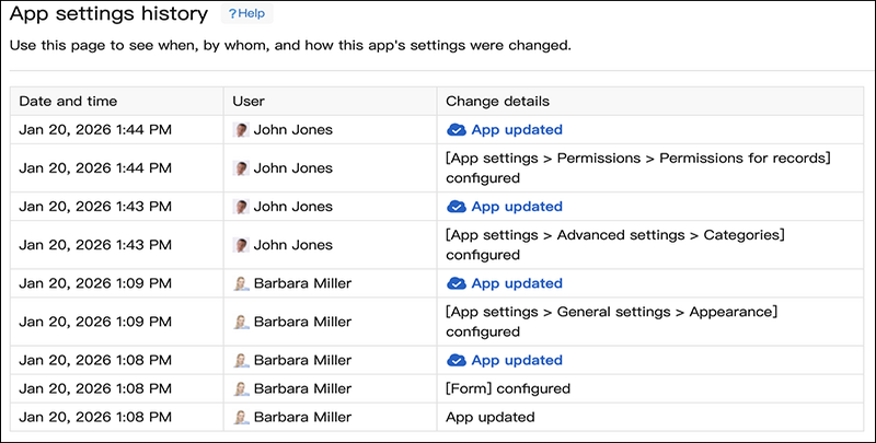 Screenshot: The "History of Settings Changes" screen