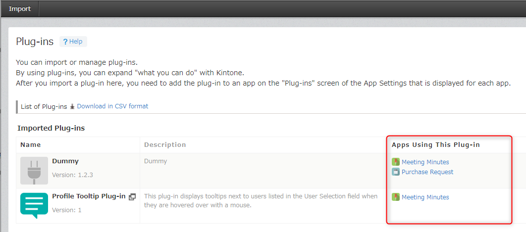 The "Apps that have this plug-in added" column is highlighted on the "kintone administration" screen