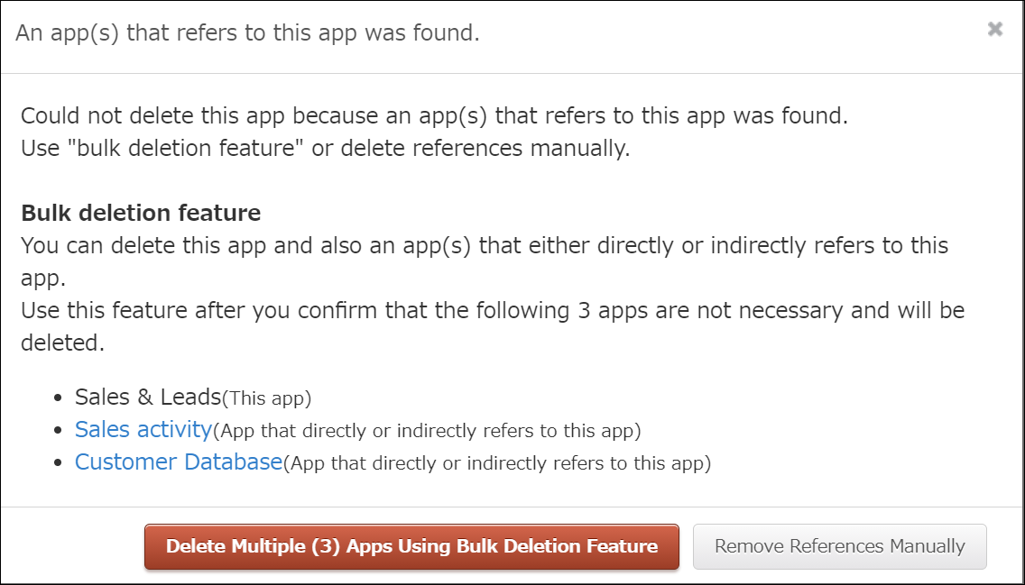 Screenshot: The "An app(s) that refers to this app was found" dialog