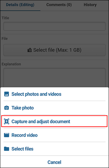 Screenshot: The "Capture and Adjust Document" button is highlighted