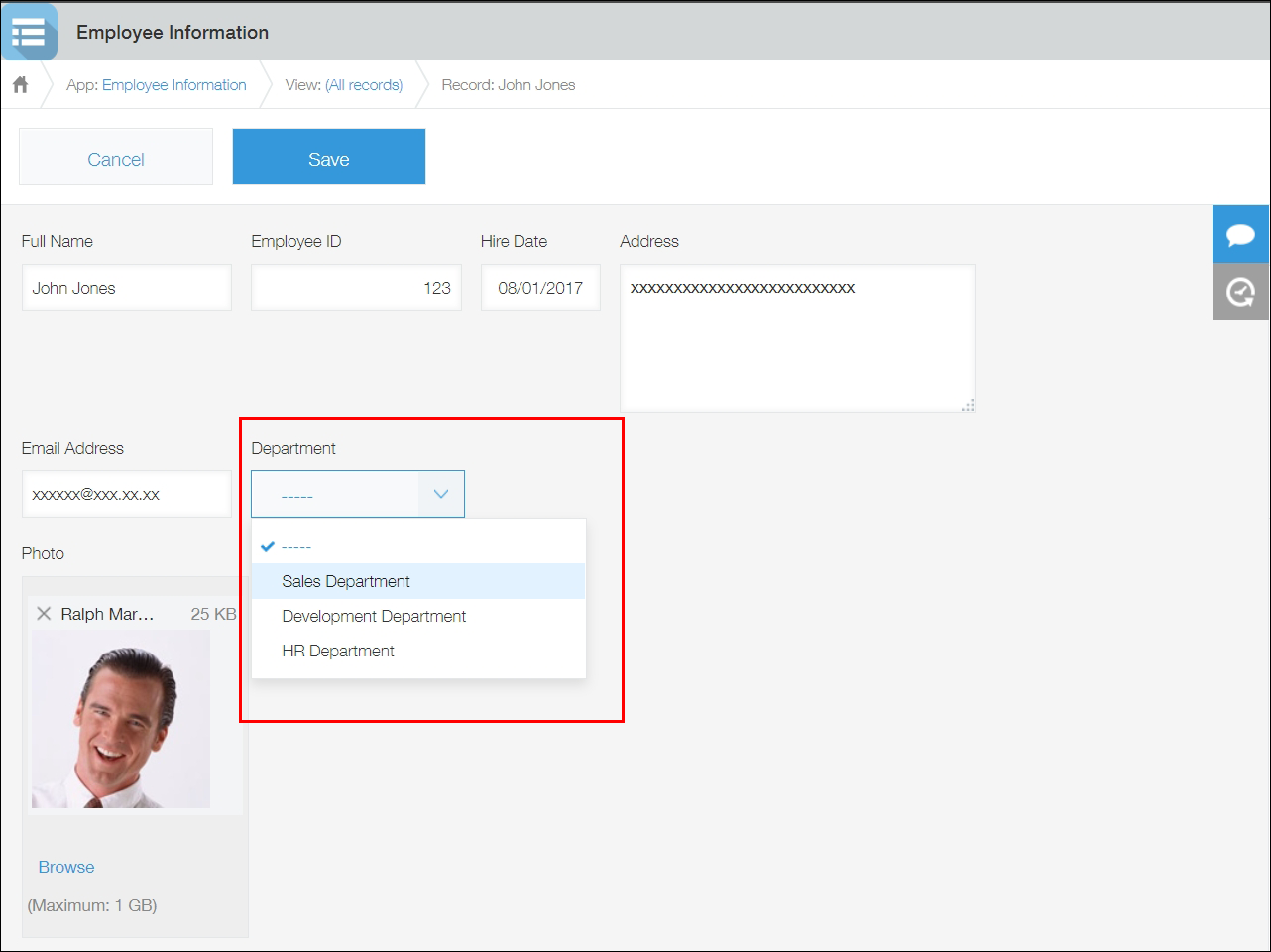 Screenshot: The "Record Details" screen of the completed app