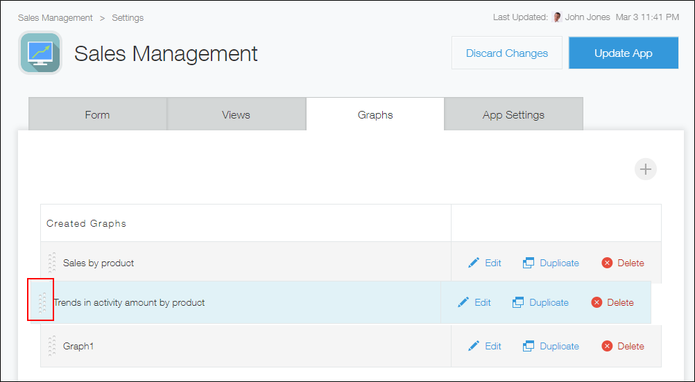 Screenshot: The "Drag to reorder" icon at the left of a chart is highlighted