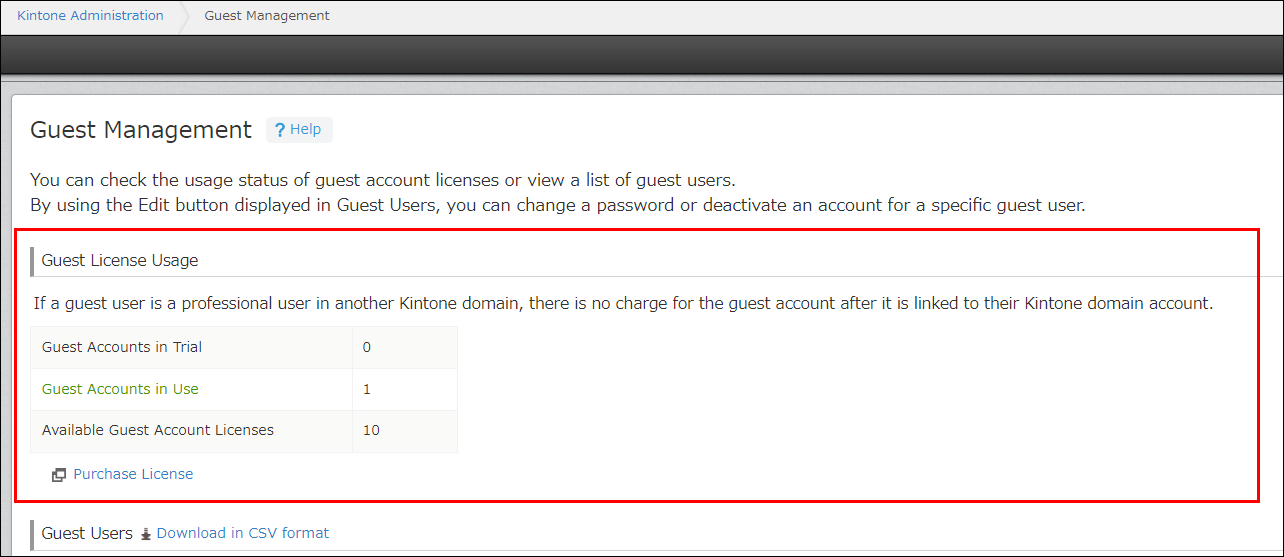 Screenshot: The "Guest license usage" section is highlighted on the "Guest management" screen