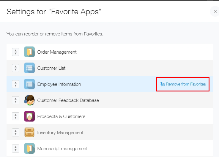 Screenshot: "Remove from favorites" on the "Settings for 'Favorite apps'" dialog is outlined