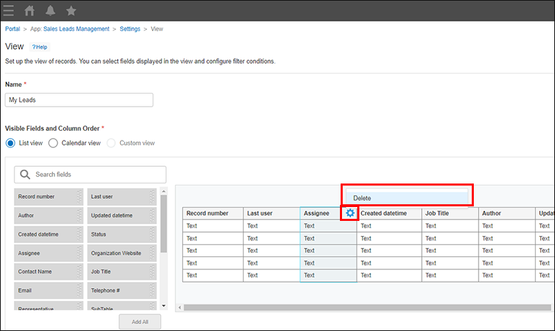 Screenshot: The "Delete" option is displayed on the "View" screen
