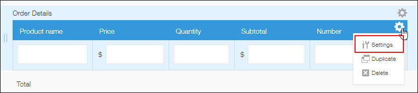 Screenshot: The "Settings" option in the menu displayed by the "Settings" icon (located in the upper right corner of the "Number" field) is highlighted