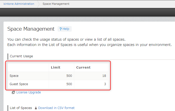 The upper limit and the current number of users are highlighted on the "Current usage" table on the "Space management" screen
