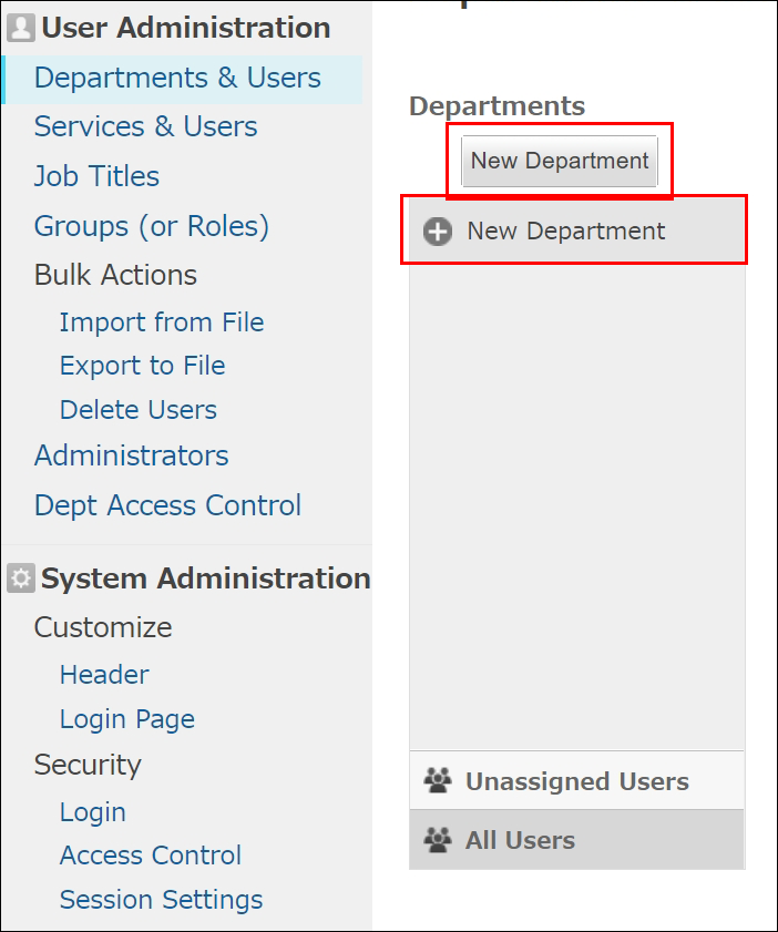 Screenshot: The "Add Department" button is highlighted on the "Departments & Users" screen