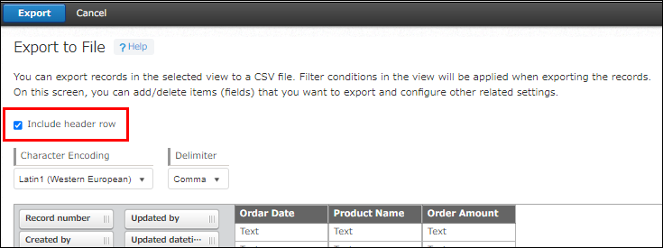 Screenshot: The "Include header row" checkbox is highlighted