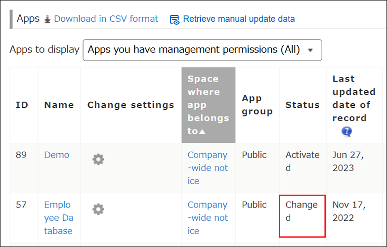 Screenshot: Status is highlighted on the "App management" screen