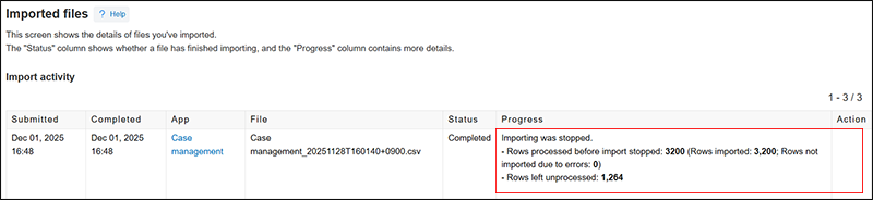 Screenshot: The results of a stopped import process are highlighted on the "Imported files" screen