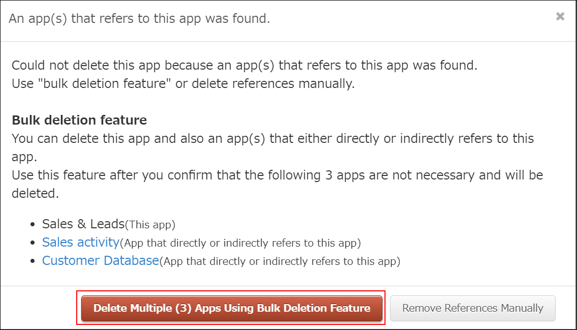 Screenshot: The "Delete multiple (***) apps using bulk deletion feature" button is outlined