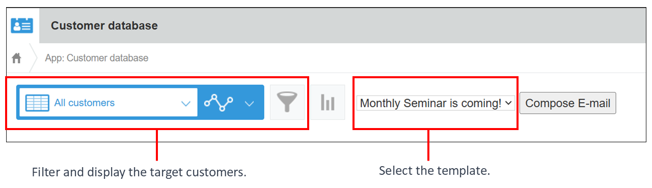 Screenshot: The areas for filtering customers and selecting a template are highlighted