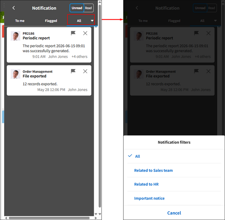 Screenshot: Switching between notification filters on the "Notification" screen