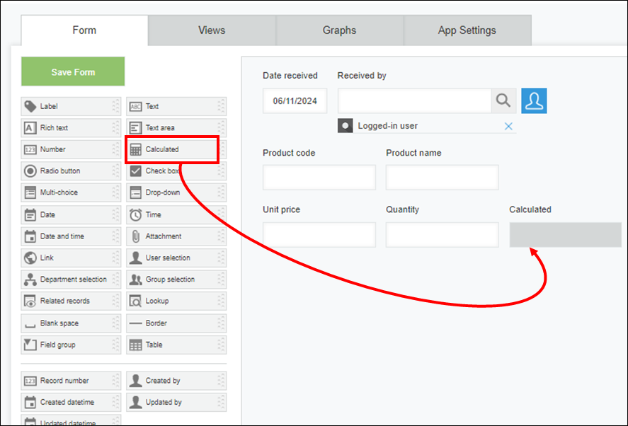 Screenshot: The app form