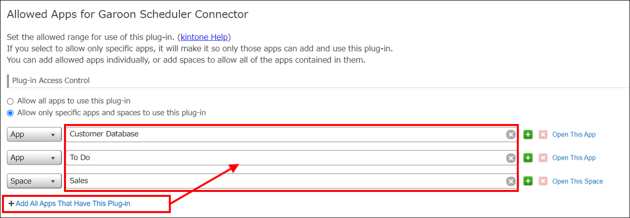 Screenshot: Under "Plug-in access control", "Add all apps that have this plug-in" is outlined in red and an arrow is pointing to the apps that have been specified by it