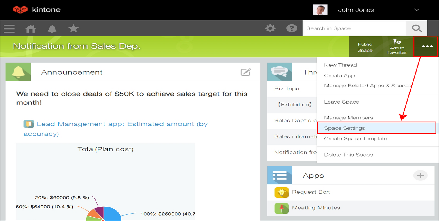 Screenshot: Navigating to and clicking "Space settings"