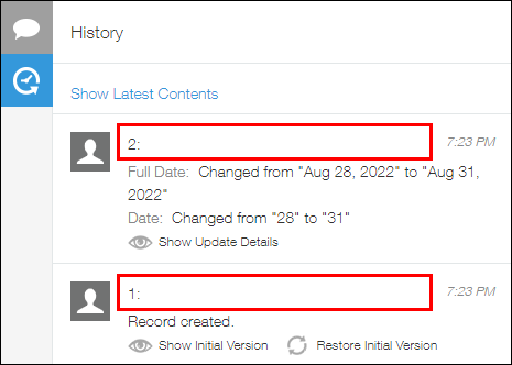 Screenshot: The "Created by" and "Updated by" fields are not displayed in a record's change history