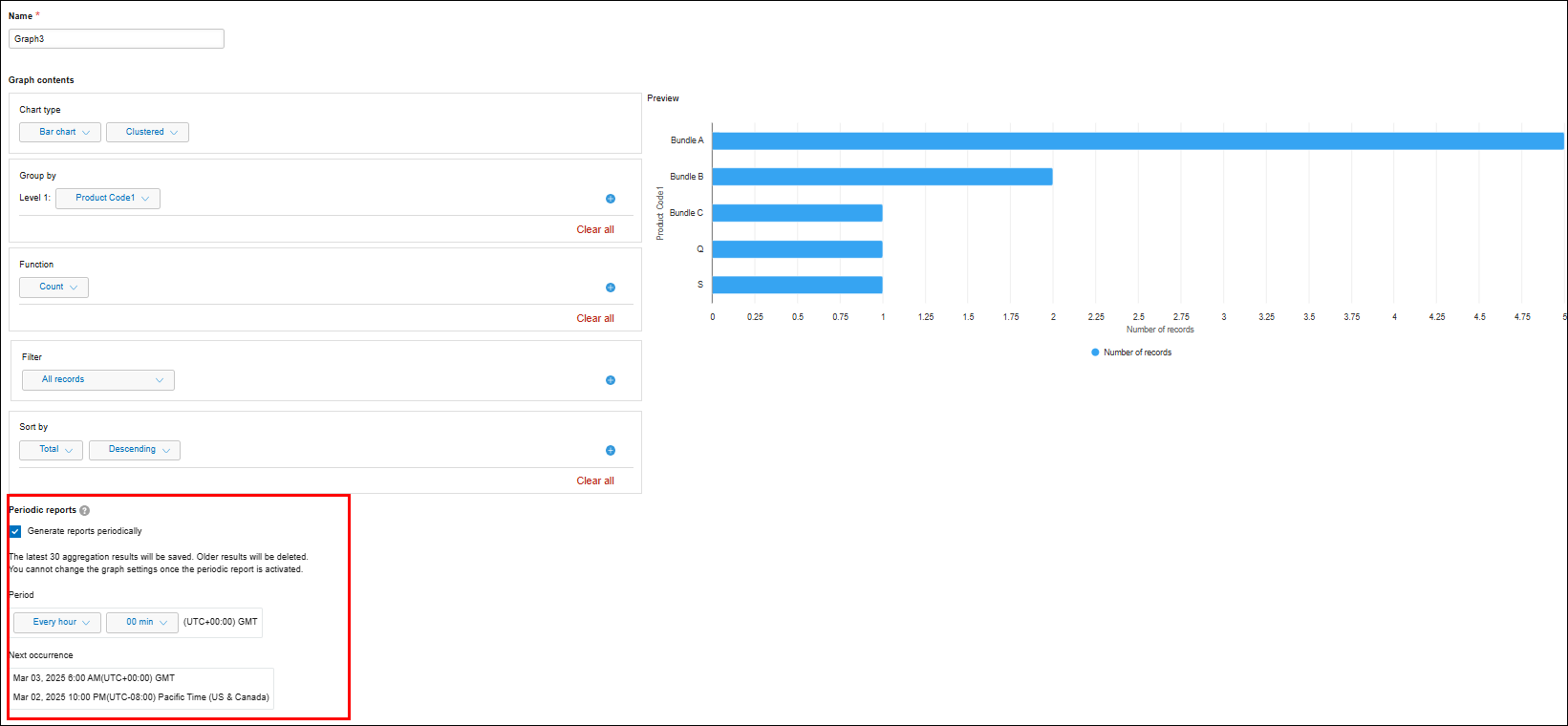 Screenshot: The "Generate reports periodically" checkbox is selected