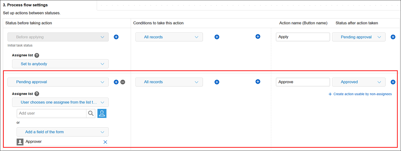 Screenshot: The process set for the "Applying" status is highlighted