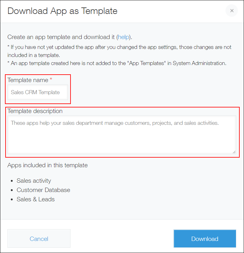 Screenshot: "Template name" and "Template description" are highlighted