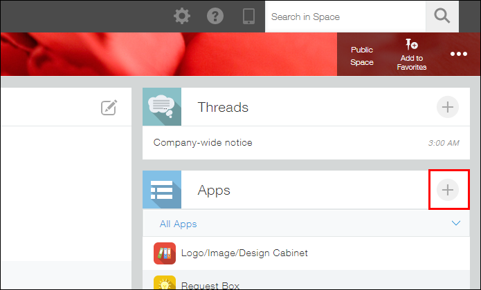 Screenshot: The "New App" button on a space screen with multiple threads