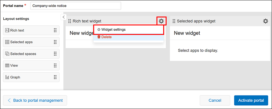 Screenshot: The "Settings" icon and "Widget settings" option are highlighted