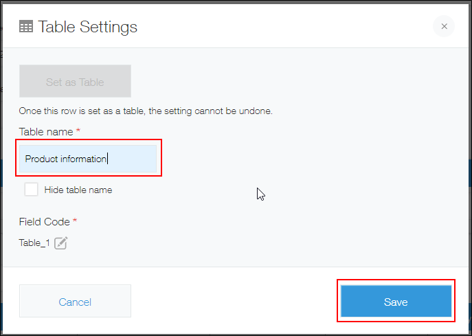 Screenshot: On the "Table settings" screen, the table name is highlighted