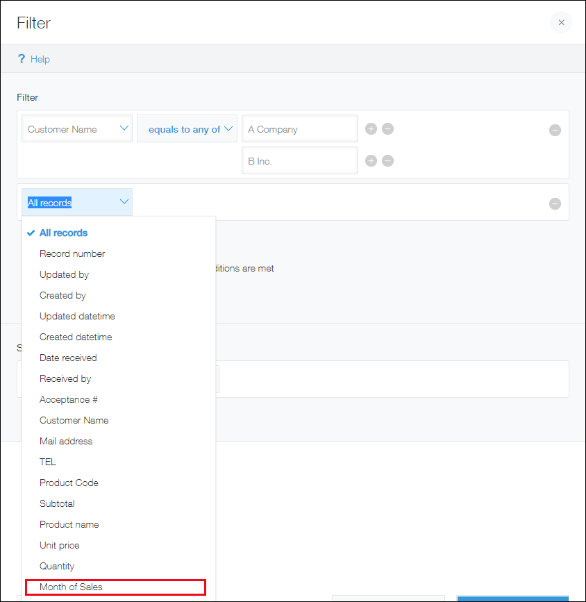 Screenshot: "Month of Sales" is selected for a filter condition
