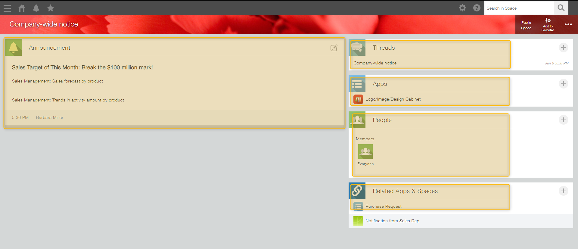 Screenshot: A space portal with the content that can be hidden highlighted