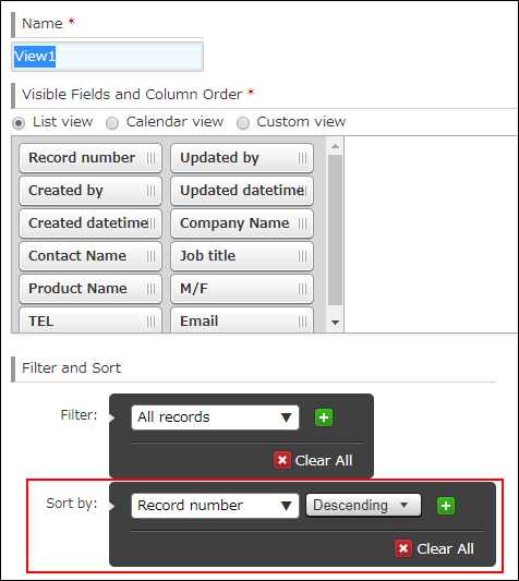 Screenshot: The "Sort by" section under "Filter and sort" on a view settings screen is outlined in red