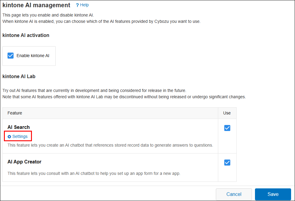 Screenshot: The "Settings" link is highlighted under the "AI Search" feature name