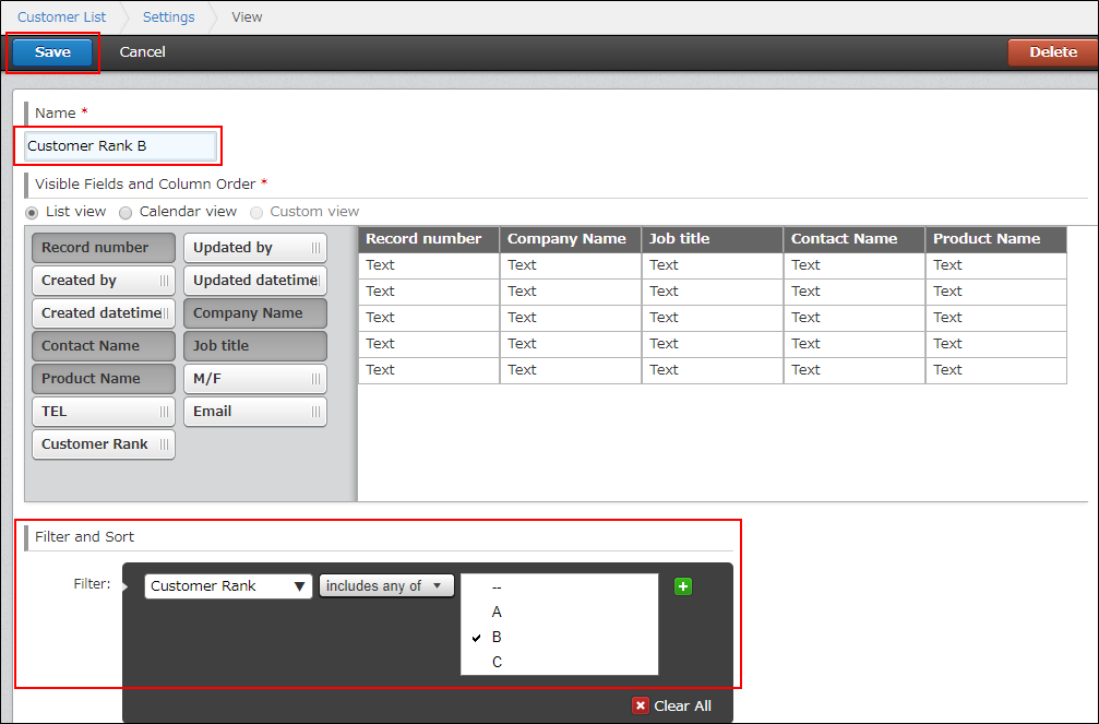 Screenshot: View's "Name", "Filter and sort", and "Save" are highlighted