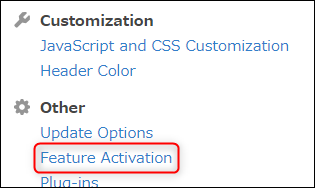 Screenshot: The "Feature activation" option in the "Other" category is highlighted